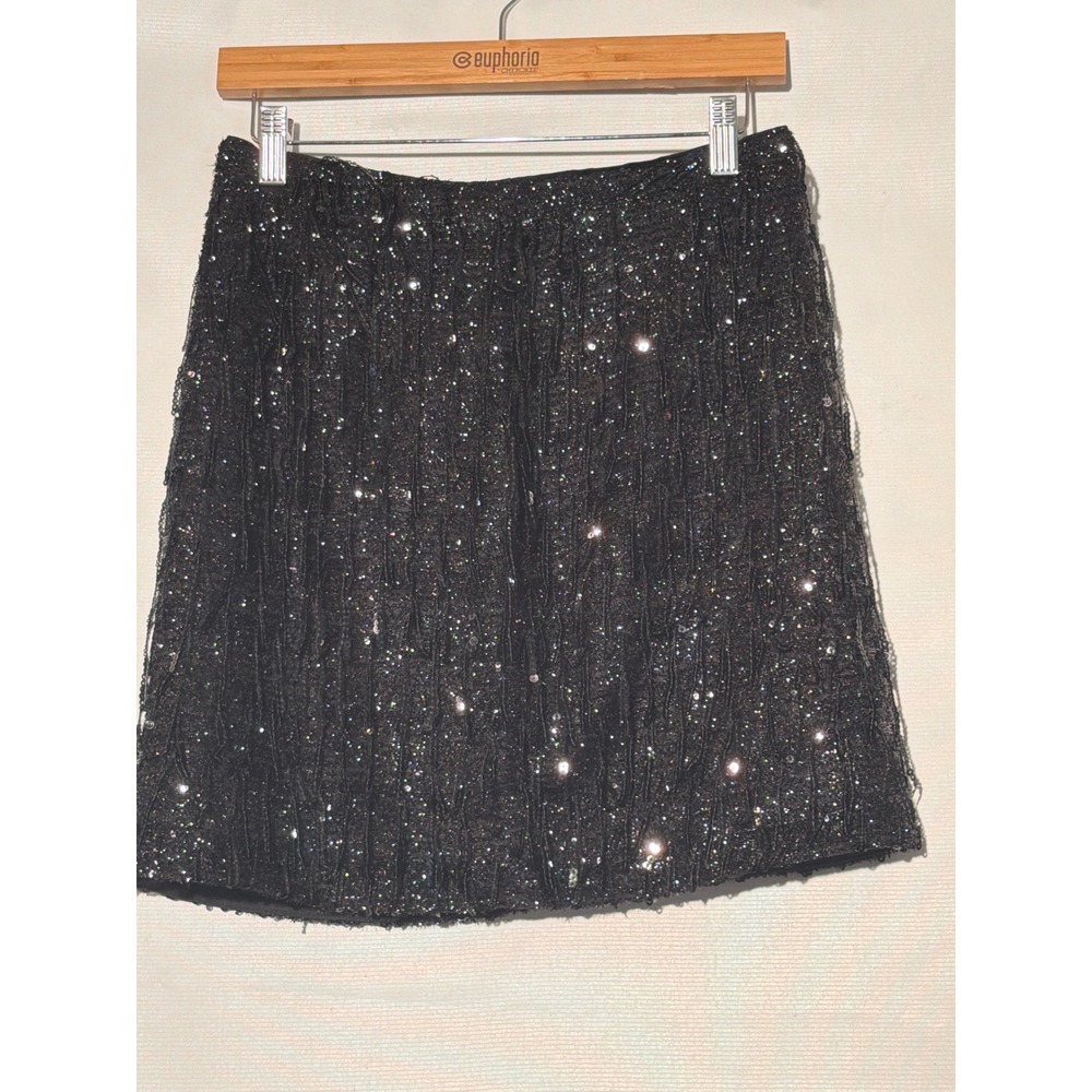 Black Textured Sequin Mini Skirt Metallic Shimmer A-Line Party Size 2 Petite